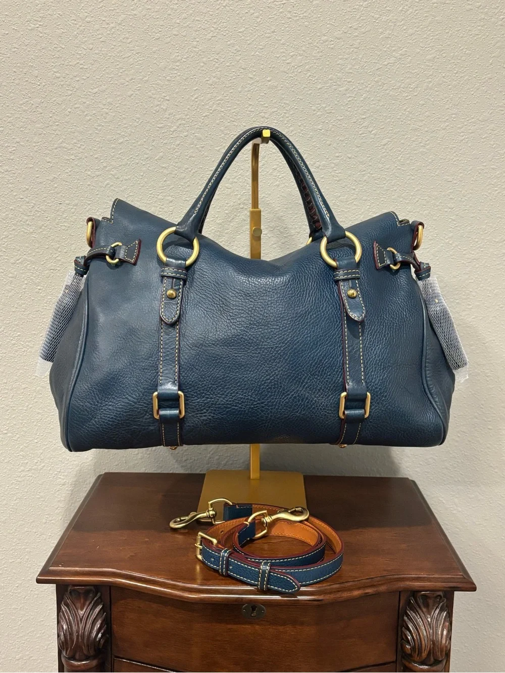 Dooney & Bourke Florentine Large Satchel Denim Blue with Red Interior